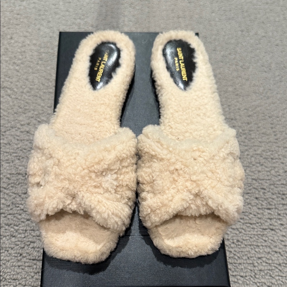 Saint Laurent Beige Fuzzy Tribute Women's Shearling Sandals